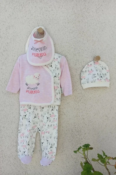 0-3 Ay Annesinin Kuzusu Şapka Önlük 5'li Kız Bebek Alt&Üst Takımı - Resim 7