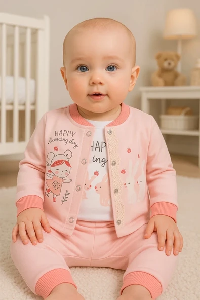 3-9 Ay Kız Bebek Takımı Happy Dancing 3'lü Hırkalı Nar Çiçeği