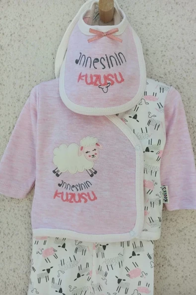 0-3 Ay Annesinin Kuzusu Şapka Önlük 5'li Kız Bebek Alt&Üst Takımı - Resim 2