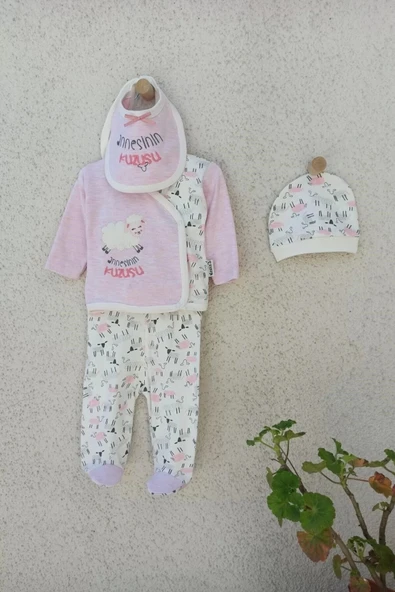 0-3 Ay Annesinin Kuzusu Şapka Önlük 5'li Kız Bebek Alt&Üst Takımı - Resim 3