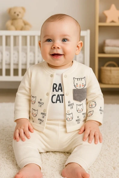 3-9 Ay Kız Bebek Alt&Üst Takımı Kedi 3'lü Hırkalı Krem - Resim 3