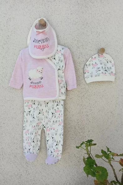 0-3 Ay Annesinin Kuzusu Şapka Önlük 5'li Kız Bebek Alt&Üst Takımı - Resim 5