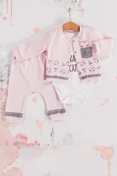 3-9 Ay Kız Bebek Takımı Kedi 3'lü Hırkalı Açık Pembe - Resim 2