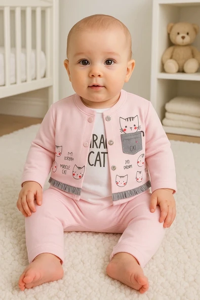 3-9 Ay Kız Bebek Takımı Kedi 3'lü Hırkalı Açık Pembe - Resim 3