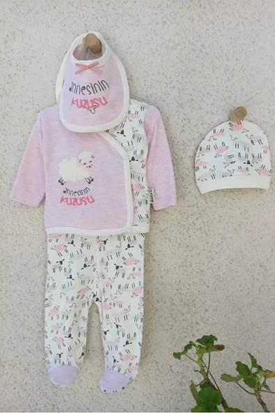 0-3 Ay Annesinin Kuzusu Şapka Önlük 5'li Kız Bebek Alt&Üst Takımı - Resim 4