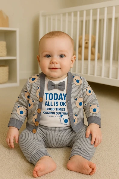 3-9 Ay Papyon Ceketli Erkek Bebek Takımı Bear Çizgi 3'lü Gri ürün görseli