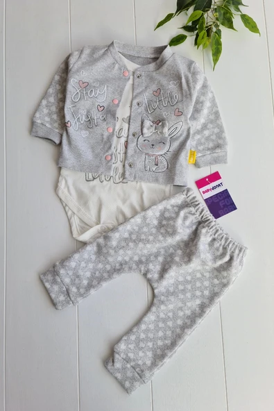 3-9 Ay Kız Bebek Takımı Stay Little Puan 3'lü Hırkalı Gri