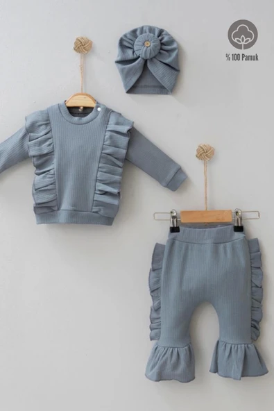 3-12 Ay Kız Bebek Takımı Omuz Fırfır Detay Boneli 3'lü Gri - 6