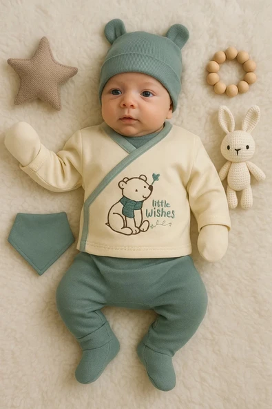 3 Ay Bebek Hastane Çıkışı Waffle Natural 5'li Erkek Yeşil ürün görseli