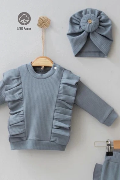 3-12 Ay Kız Bebek Takımı Omuz Fırfır Detay Boneli 3'lü Gri - 3