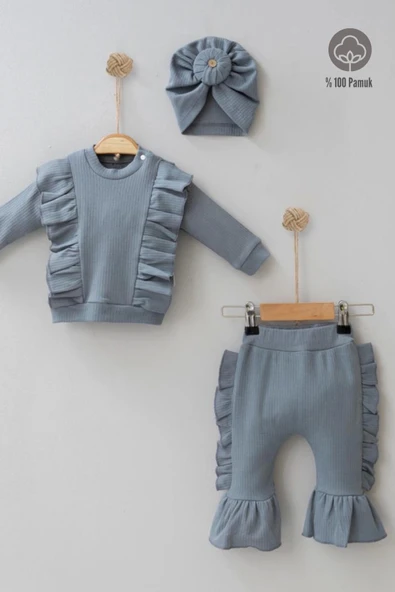 3-12 Ay Kız Bebek Takımı Omuz Fırfır Detay Boneli 3'lü Gri