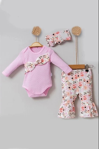 3-12 Ay Kız Bebek Takımı Çiçek Fiyonklu 3'lü Pembe - Resim 4