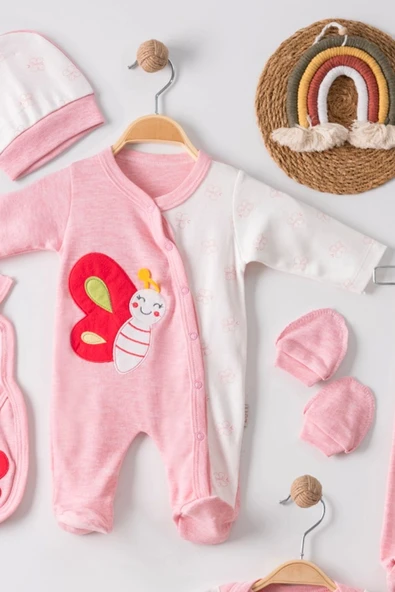 3 Ay Kelebek Nakış Tulumlu Kız Bebek 5'li Set Pembe - Resim 3
