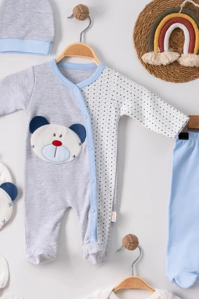 3 Ay Ayıcıklı Tulumlu Erkek Bebek 5'li Set Mavi - Resim 3