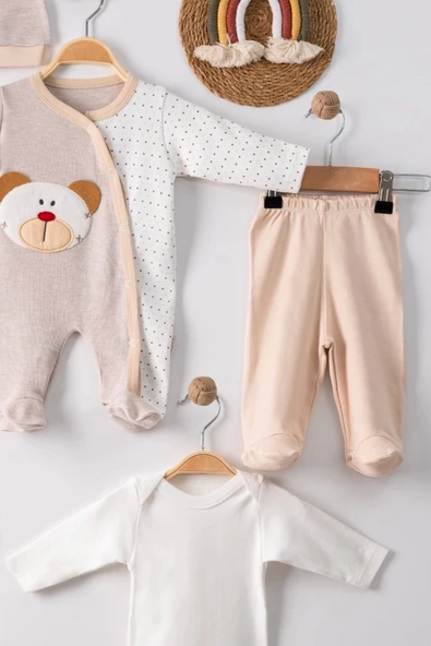 3 Ay Ayıcık Nakışlı Tulumlu Erkek Bebek 5'li Set Kahverengi - 3