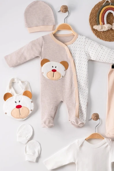 3 Ay Ayıcık Nakışlı Tulumlu Erkek Bebek 5'li Set Kahverengi - 2