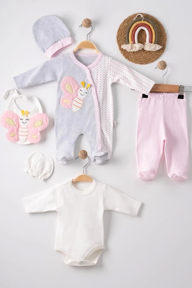 3 Ay Kelebek Nakışlı Tulumlu Kız Bebek 5'li Set Gri - 3