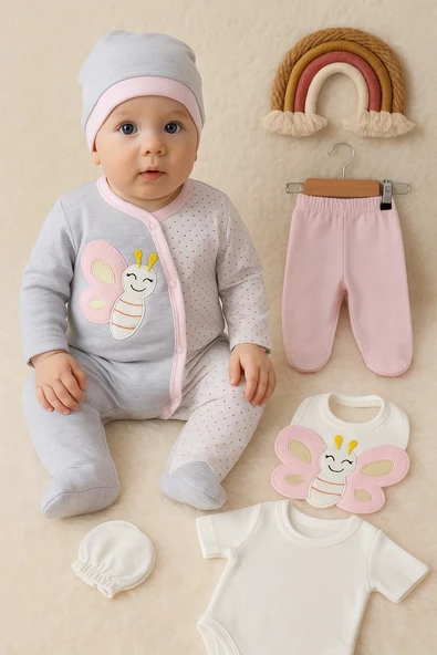 3 Ay Kelebek Nakışlı Tulumlu Kız Bebek 5'li Set Gri - 2