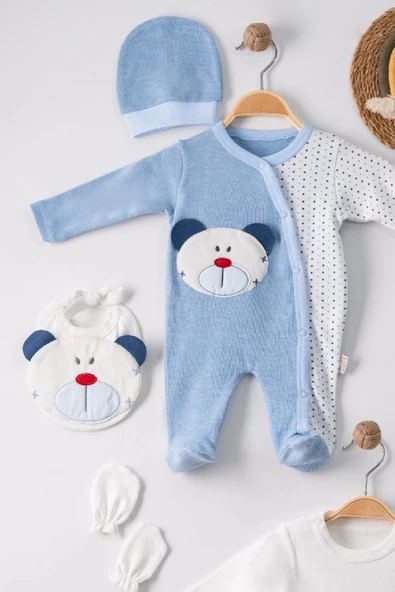 3 Ay Ayıcık Nakış Tulumlu Erkek Bebek 5'li Set Mavi - Resim 3