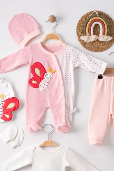 3 Ay Kelebek Nakışlı Puanlı Tulumlu Kız Bebek 5'li Set Pembe - Resim 2
