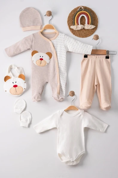 3 Ay Ayıcık Nakışlı Tulumlu Erkek Bebek 5'li Set Kahverengi ürün görseli