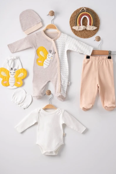 3 Ay Kelebek Nakışlı Tulum Erkek Bebek 5'li Set Kahverengi - Resim 5