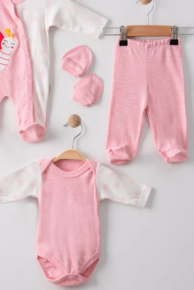 3 Ay Kelebek Nakış Tulumlu Kız Bebek 5'li Set Pembe - Resim 2