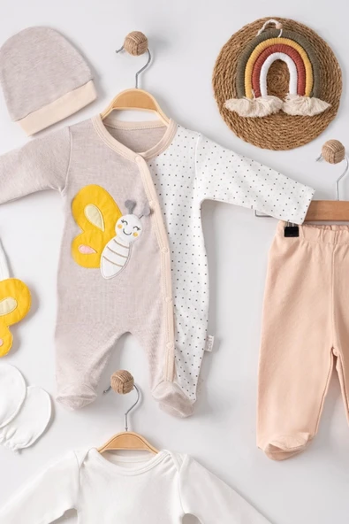 3 Ay Kelebek Nakışlı Tulum Erkek Bebek 5'li Set Kahverengi - 3