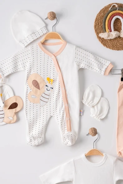 3 Ay Kelebek Nakış Tulumlu Erkek Bebek 5'li Set Kahverengi - Resim 3