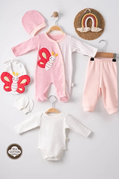 3 Ay Kelebek Nakışlı Puanlı Tulumlu Kız Bebek 5'li Set Pembe