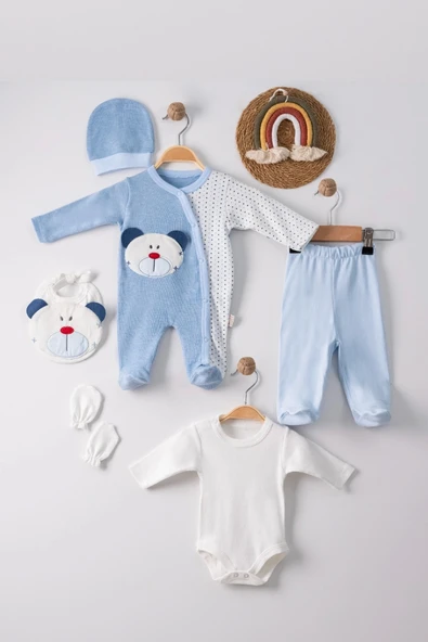 3 Ay Ayıcık Nakış Tulumlu Erkek Bebek 5'li Set Mavi