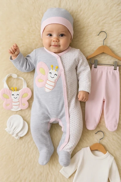 3 Ay Kelebek Nakışlı Tulumlu Kız Bebek 5'li Set Gri