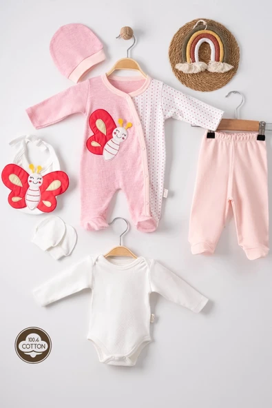 3 Ay Kelebek Nakışlı Puanlı Tulumlu Kız Bebek 5'li Set Pembe - Resim 5