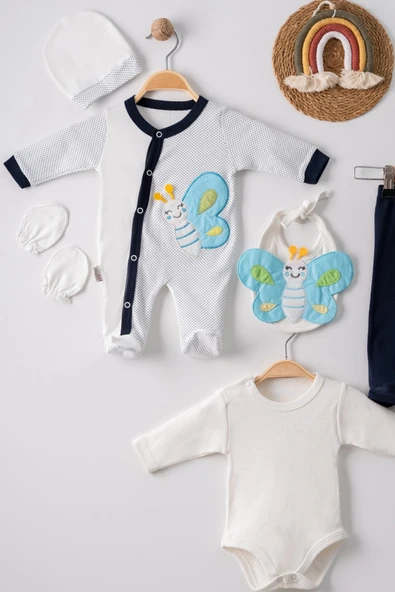 3 Ay Kelebek Nakışlı Tulumlu Erkek Bebek 5'li Set Siyah - 2