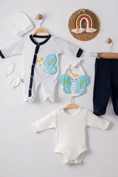 3 Ay Kelebek Nakışlı Tulumlu Erkek Bebek 5'li Set Siyah ürün görseli