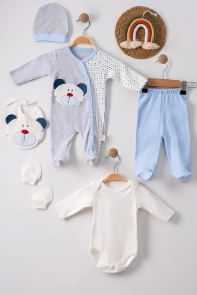 3 Ay Ayıcıklı Tulumlu Erkek Bebek 5'li Set Mavi - Resim 5