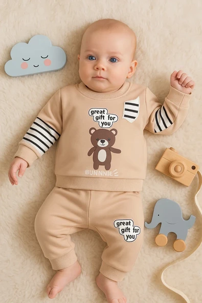 3-18 Ay Erkek Bebek Takımı Gift For You 2'li Krem