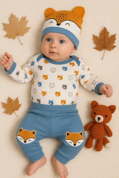 3-12 Ay Erkek Bebek Alt&Üst Takımı Little Fox 3'lü Mavi