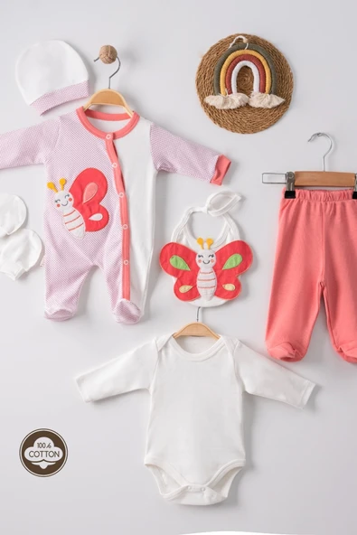 3 Ay Kelebek Puanlı Tulumlu Kız Bebek 5'li Set Nar Çiçeği - Resim 2