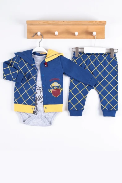 3-12 Ay Hırkalı Erkek Bebek Takımı Cep Kapişon 3'lü Lacivert - Resim 3