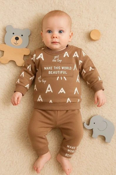 3-18 Ay Erkek Bebek Takımı Harf Baskılı 2'li Kahverengi ürün görseli