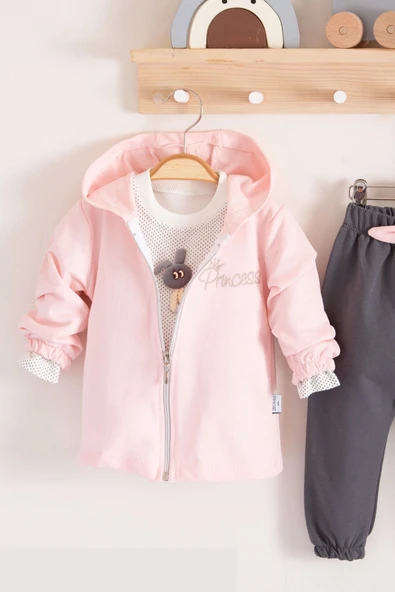 3-18 Ay Prences Kız Bebek Takımı Kapişonlu 3'lü Pembe - 2