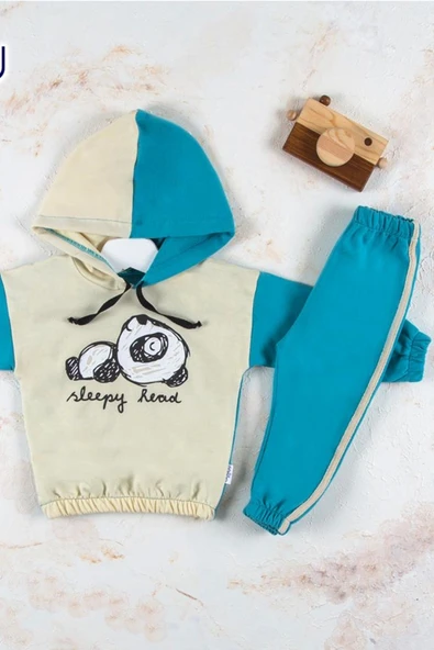 6-24 Ay Erkek Bebek Takımı Panda Kapişonlu Mavi - 4