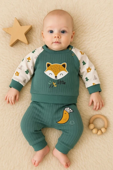 3-12 Ay Erkek Bebek Takımı Littie Fox Nakışlı 2'li Yeşil