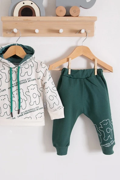 3-18 Ay Erkek Bebek Takımı Çapraz Bears Kapüşonlu Yeşil - Resim 3