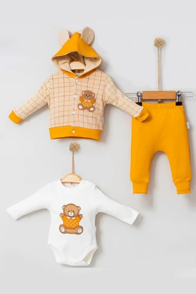 3-9 Ay Bear Çizgili Hırkalı 3'lü Bebek Alt&Üst Takımı Sarı - Resim 4