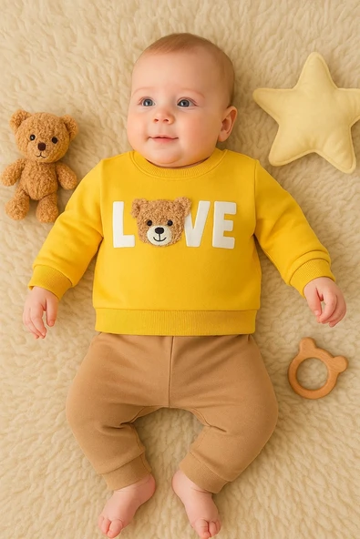 3-12 Ay Erkek Bebek Takımı Bear Love Nakışlı 2'li Sarı - Resim 2