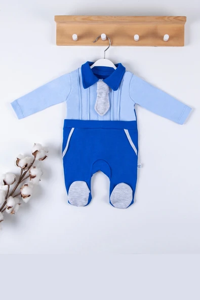 3-9 Ay Erkek Bebek Tulumu Kravat Aksesuarlı Ayaklı Mavi ürün görseli