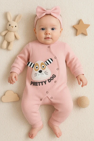 3-18 Ay Kız Bebek Tulumu Pretty Dog Bandanalı Gül Kurusu