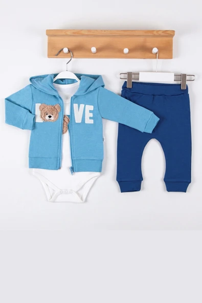 3-12 Ay Erkek Bebek Takımı Love Bear Nakış Hırkalı 3'lü Mavi - Resim 3